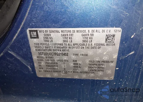 2015 GMC Sierra 1500 Sle from USA, damaged, VIN 3GTU2UEC7FG219452